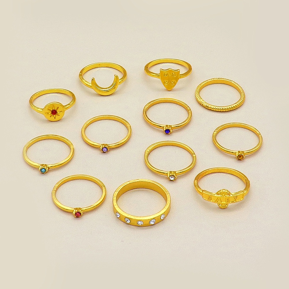 12 Pcs / set Cincin Emas Berlian Warna-Warni Bentuk Matahari Bulan Gaya Eropa Amerika