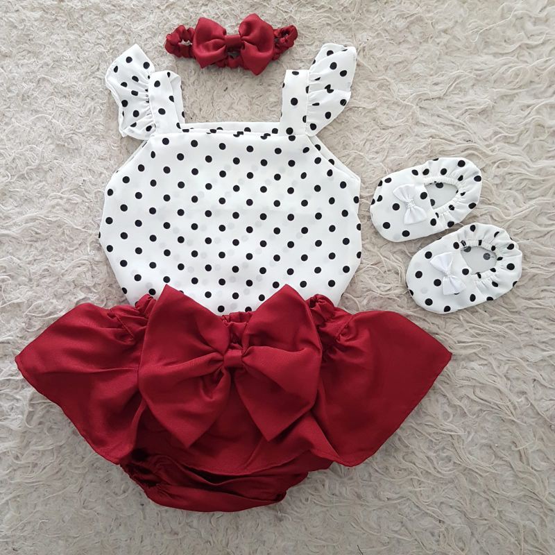 baju bayi Newborn Polkadot bloomer Set-Maroon polkadot.