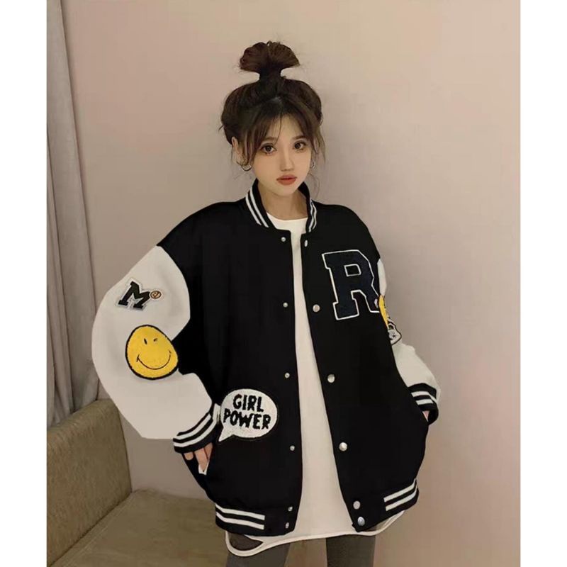 Sweater Crewneck Jaket Outerwear Pakaian Pria Wanita Oversize Korean Style R BASEBALL WHITE BLACK