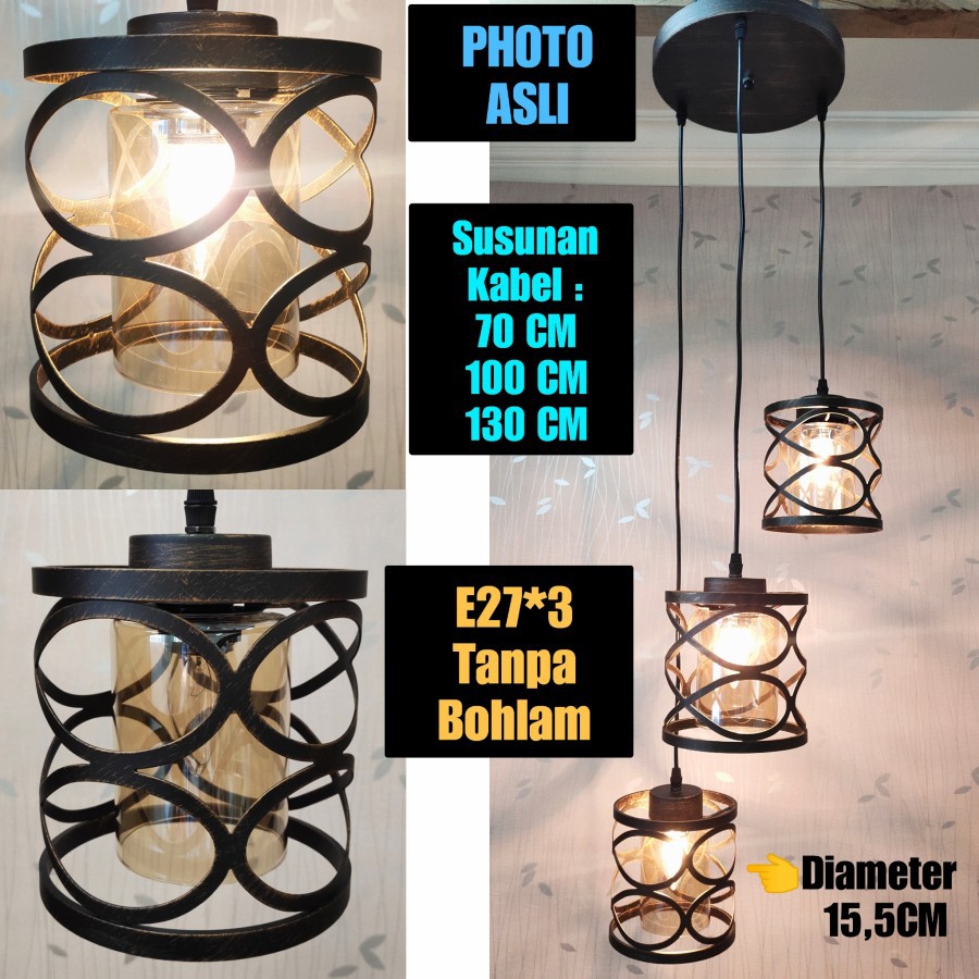 Lampu Gantung Cage+Kaca Dekorasi motif Dasi Kupu-Kupu 3 Lampu