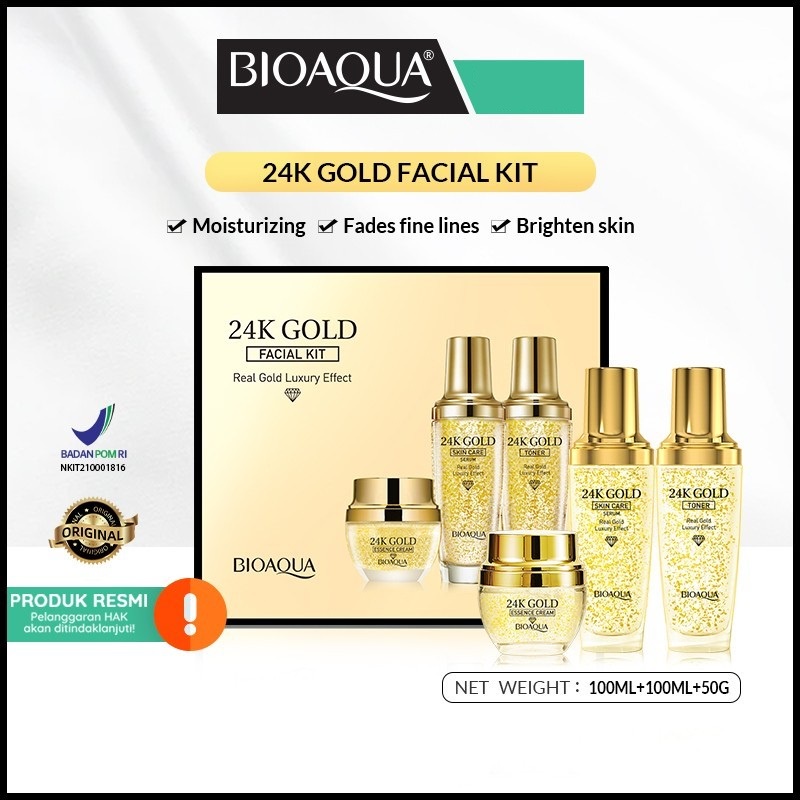 ★ BB ★ BIOAQUA 24K Gold Facial Kit ( Toner 100ml + Serum 100ml + Cream 50g ) - BIO AQUA【BPOM】