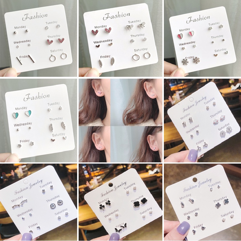 6Pcs / Set Anting Tusuk Model Kristal Satu Minggu Simple Gaya Korea untuk Wanita