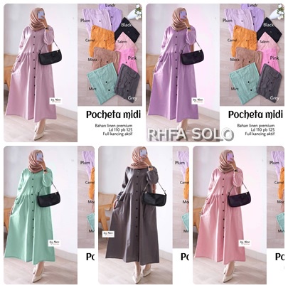 POCHETA MIDI DRESS / 18.7  / BAHAN LINEN PREMIUM / LD 110 CM / PB 125 CM / ALLSIZE / FULL KANCING / ALICE