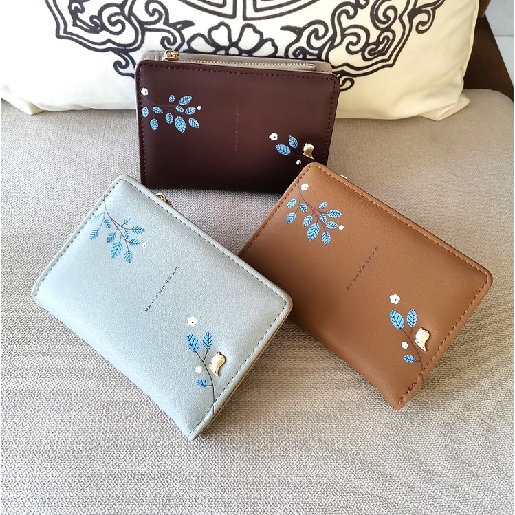 ( GS ) DOMPET WANITA / DOMPET LIPAT RESLETING WANITA MOTIF RANTING DAUN BIRU