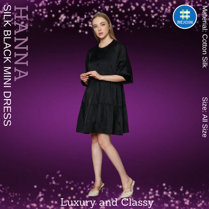 Gaun Mewah Sutera Sutra Satin Mini Dress Hitam Wanita Sexy Pesta Hanna