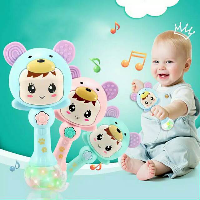 Mainan tongkat rattle teether,musik dan lampu kelip