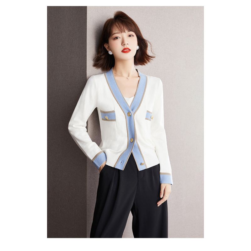 Cardigan wanita rajut model biru-putih in one  Korea lengan panjang elegant