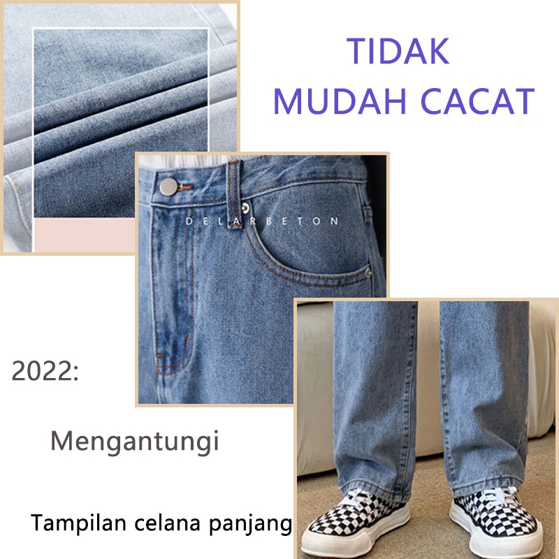 Celana jeans panjang pria Celana kulot pria jeans  Korea panjang outfit remaja biru longgar pria jeans Tidak memudar tidak ada pilling