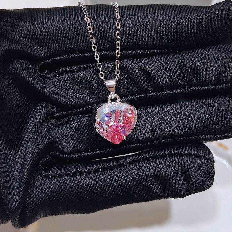 Kalung 925 Silver Bentuk Hati Aksen Berlian Warna Pink Untuk Wanita