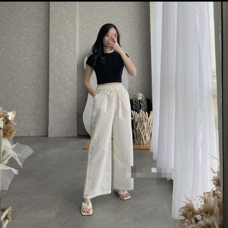 Celana Wanita Kekinian WIDI PANTS Kulot Jumbo Panjang Bahan Linen Rami Premium Import Fashion Bawahan Dewasa Ootd Pinggang Full Karet Serut Highwaist Cewek Remaja Model Ala Korea Gaya Modern Murah Dan Terbaru Hitam-6