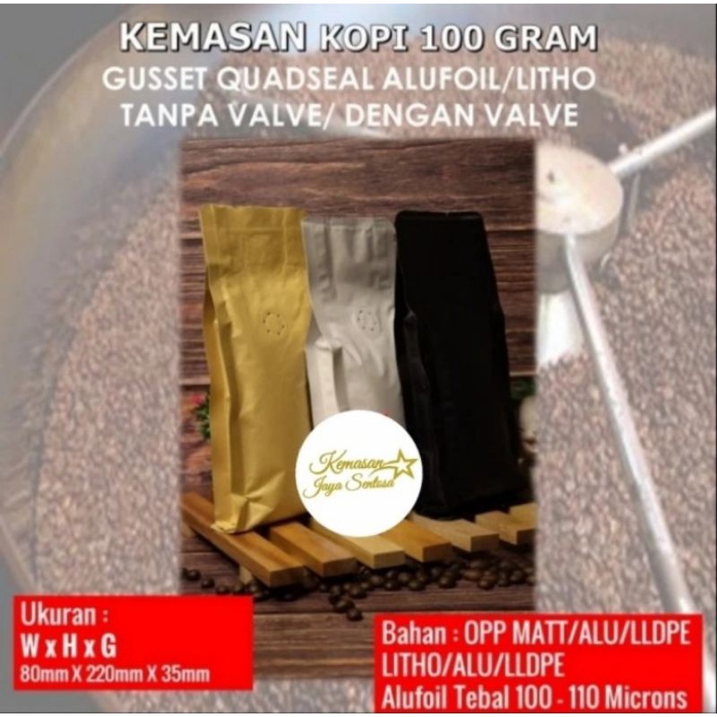 Kemasan Kopi Gusset 100 gr + valve. gusset hitam putij lithopaperq.kemasan gusset.gusset.flat bottom