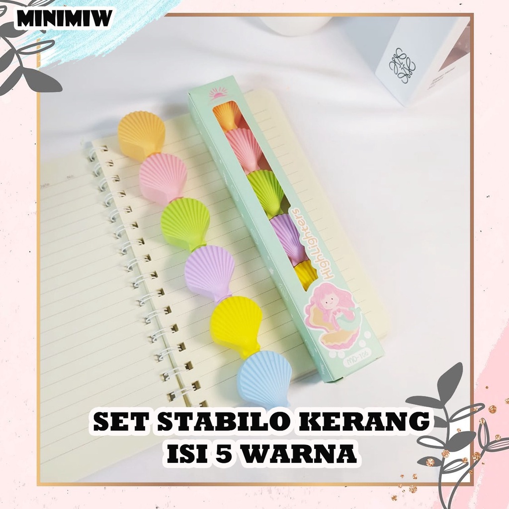 SET HIGHLIGHTER KERANG ISI 5 WARNA SPIDOL PASTEL SHELL MERMAID STABILO WARNA WARNI