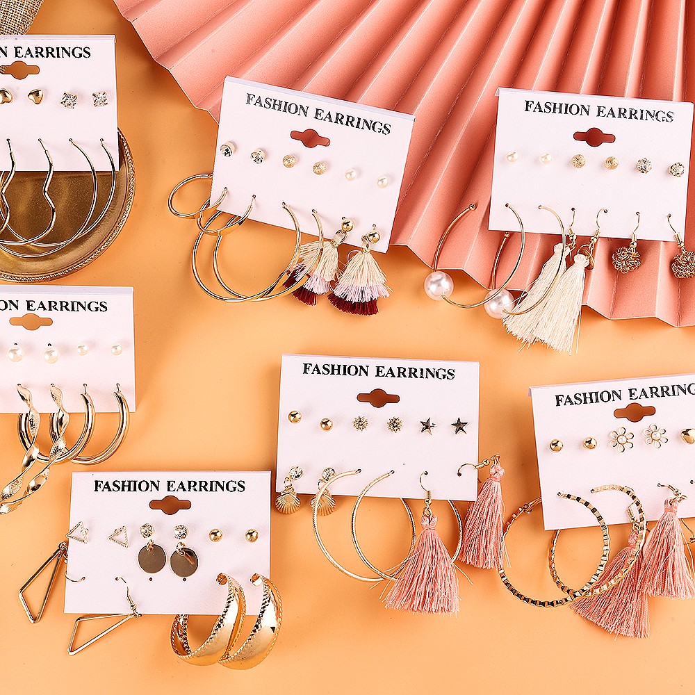 Pengiriman Lokal 12 pcs / Set Anting Hoop Earring 8 Styles Mini Round Shell Cotton Tassel Anting