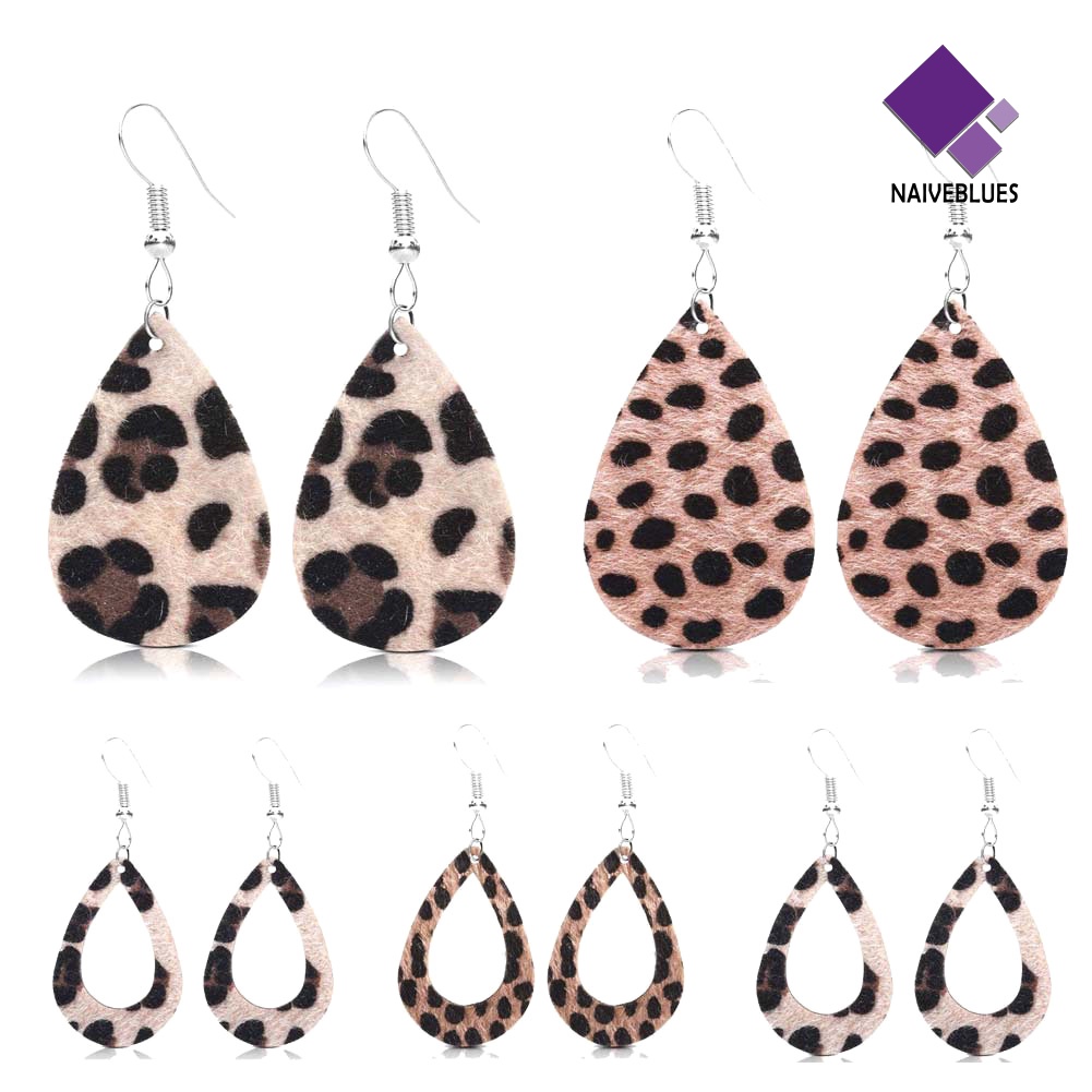 Anting Kait Model Menjuntai Bahan Kulit Motif Print Leopard Untuk Wanita