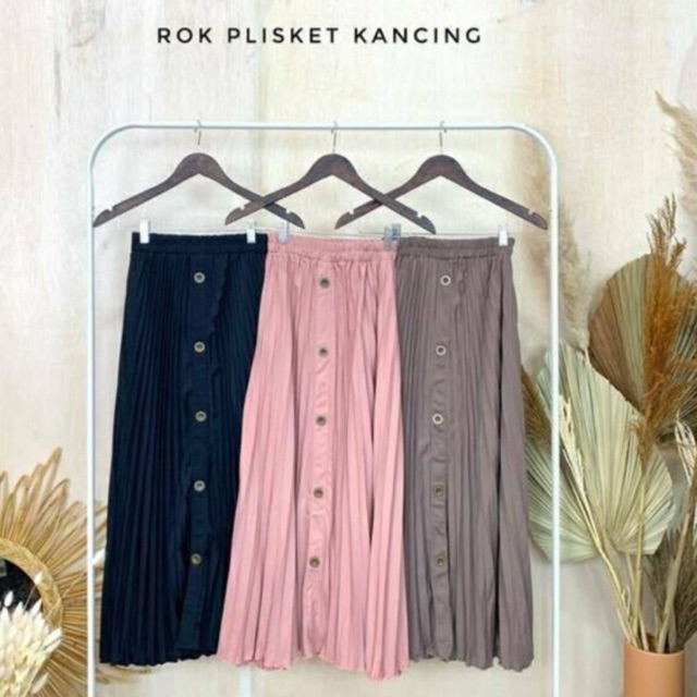 336 - rok plisket kancing pleated skirt flare skirt panjang murah grosir feminim cantik casual polos