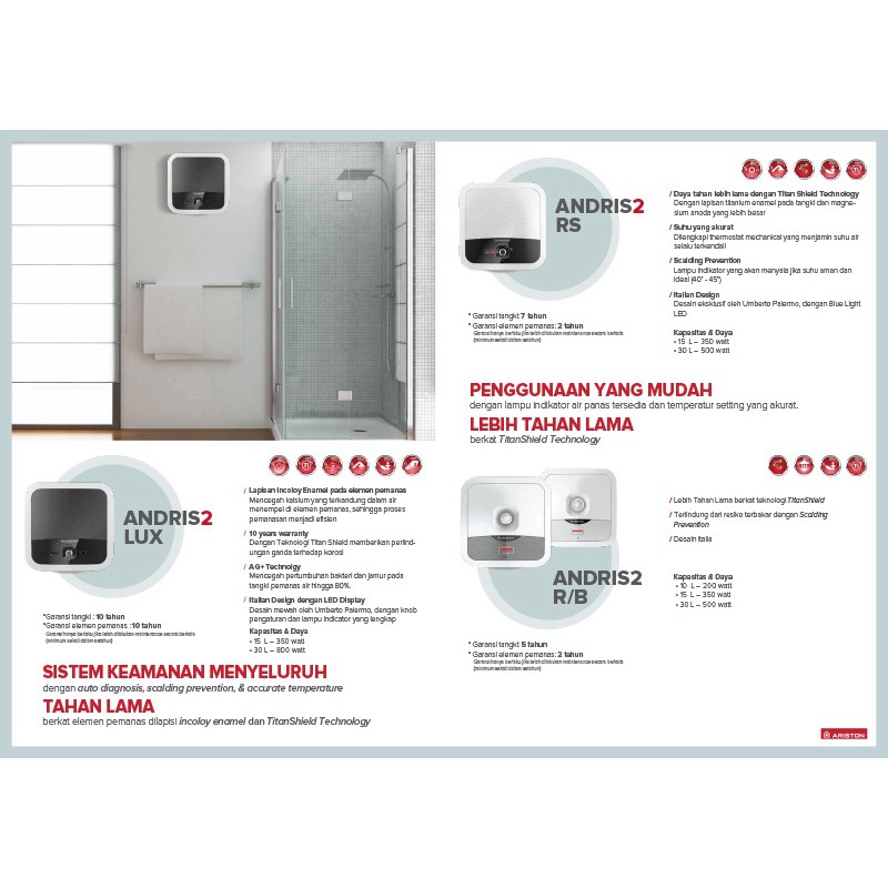 Ariston Andris 2 AN2 R 10 liter 200w Low Watt Kecil Water Heater Keluarga Pemanas Air Hangat Mandi Irit Listrik