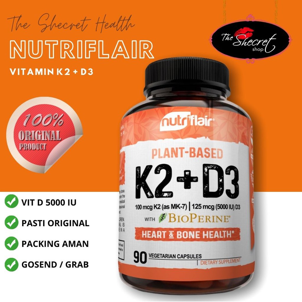 NUTRIFLAIR Vitamin K2 D3 90 kapsul - Vitamin D 5000 IU Vitamin K2 as MK-7 - ORI USA