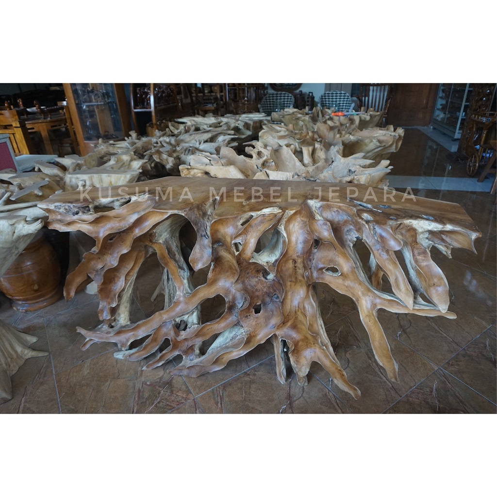 Meja Konsul Akar Bonggol Kayu Jati Ukir Relung Daun - Panjang 120cm