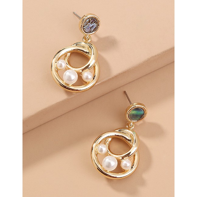 LRC Anting Tusuk Fashion Gold Color Irregular Abalone Shell Round Pearl Stud Earrings K78405