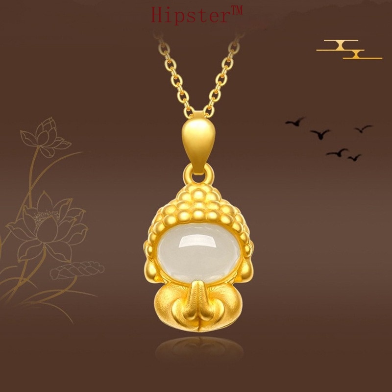 Fashion Classic Gold Cute Little Cute Buddha Inlaid Natural Gemstone Pendant Necklace