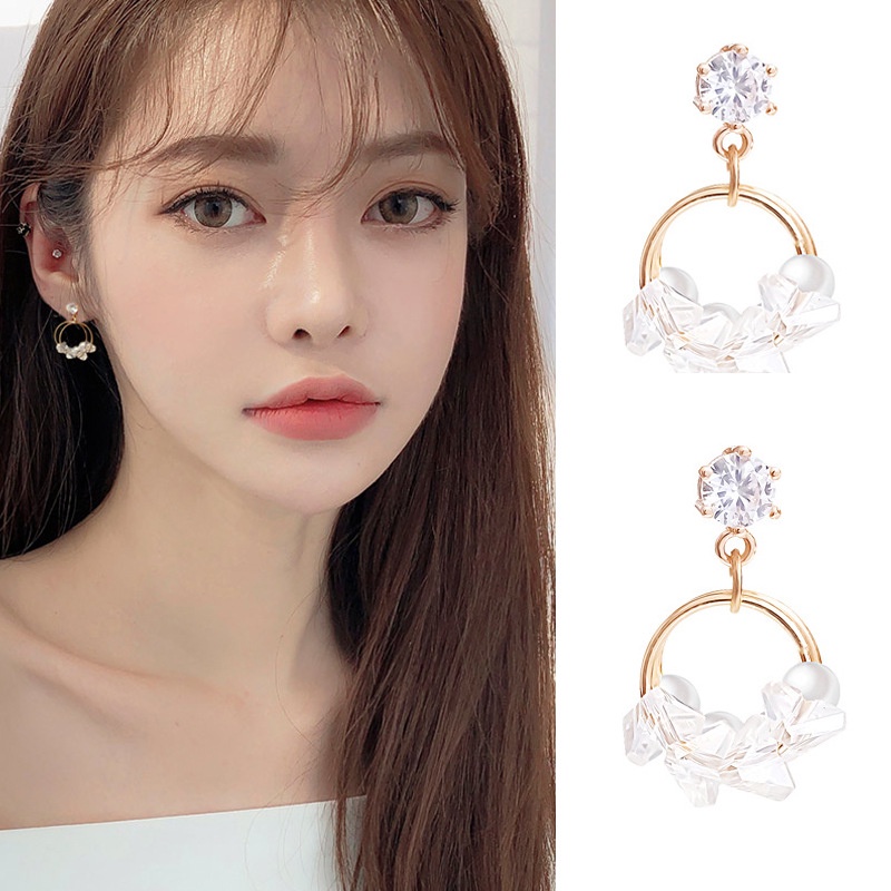 Roselife S925 Silver Pearl Crystal Beaded Round Dangle Earrings for Women Girls 1 Pair-5