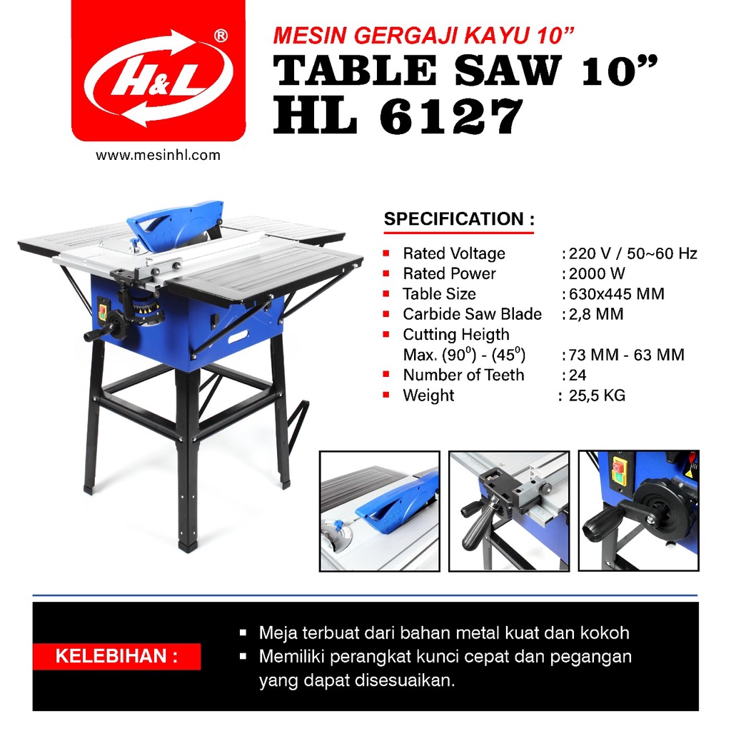 H&amp;L Mesin Table Saw 10 Inch / Meja Potong Kayu 10' + Mata Circular Saw