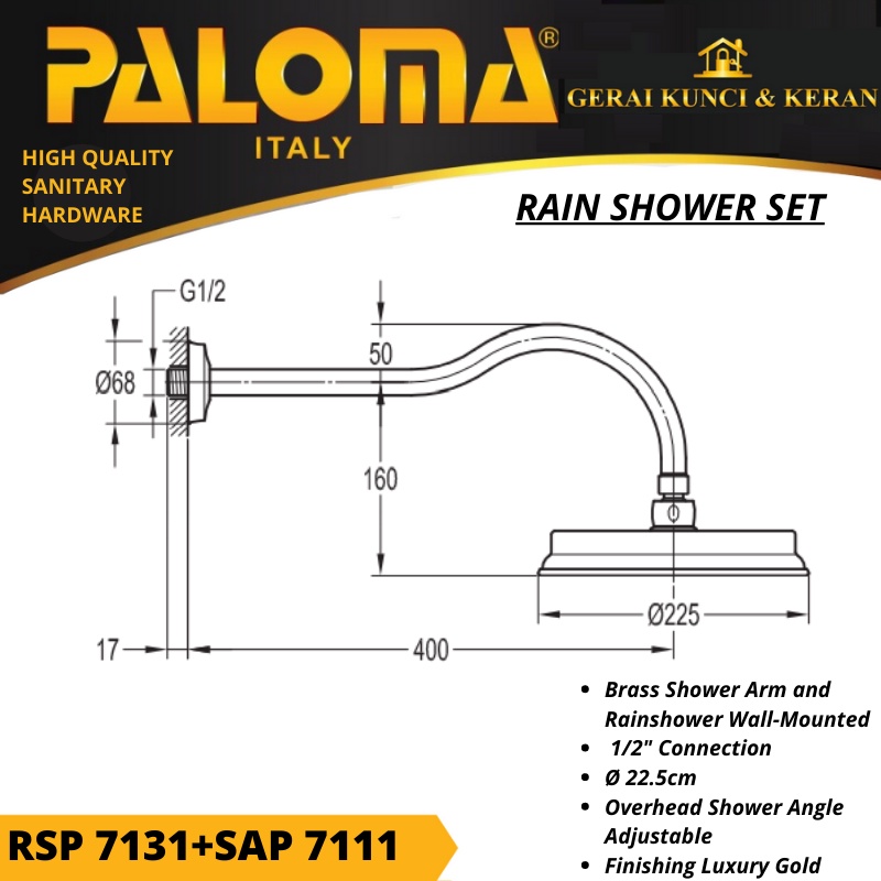 PALOMA RAINSHOWER SET RSP 7131 SAP 7111 BRASS GOLD KEPALA SHOWER MANDI