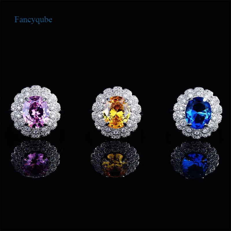 Fancyqube Cincin Silver 925 Hias Batu Zircon Oval Warna Pink / Kuning / Biru Untuk Wanita