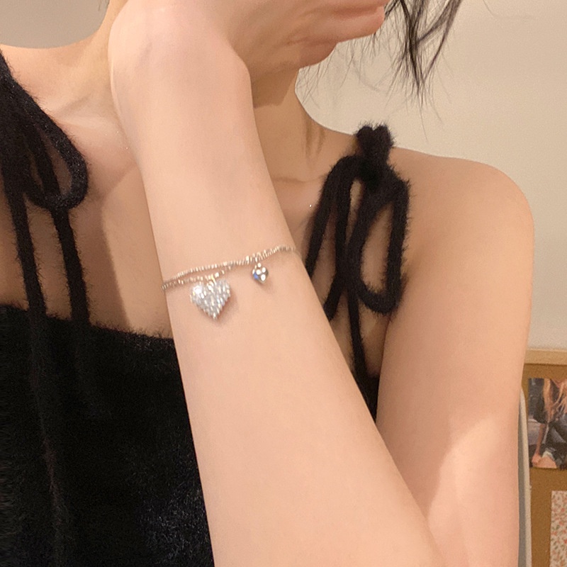 AY(CN) Gelang Rantai Liontin Hati Kristal Lapis Ganda Warna Silver Untuk Wanita
