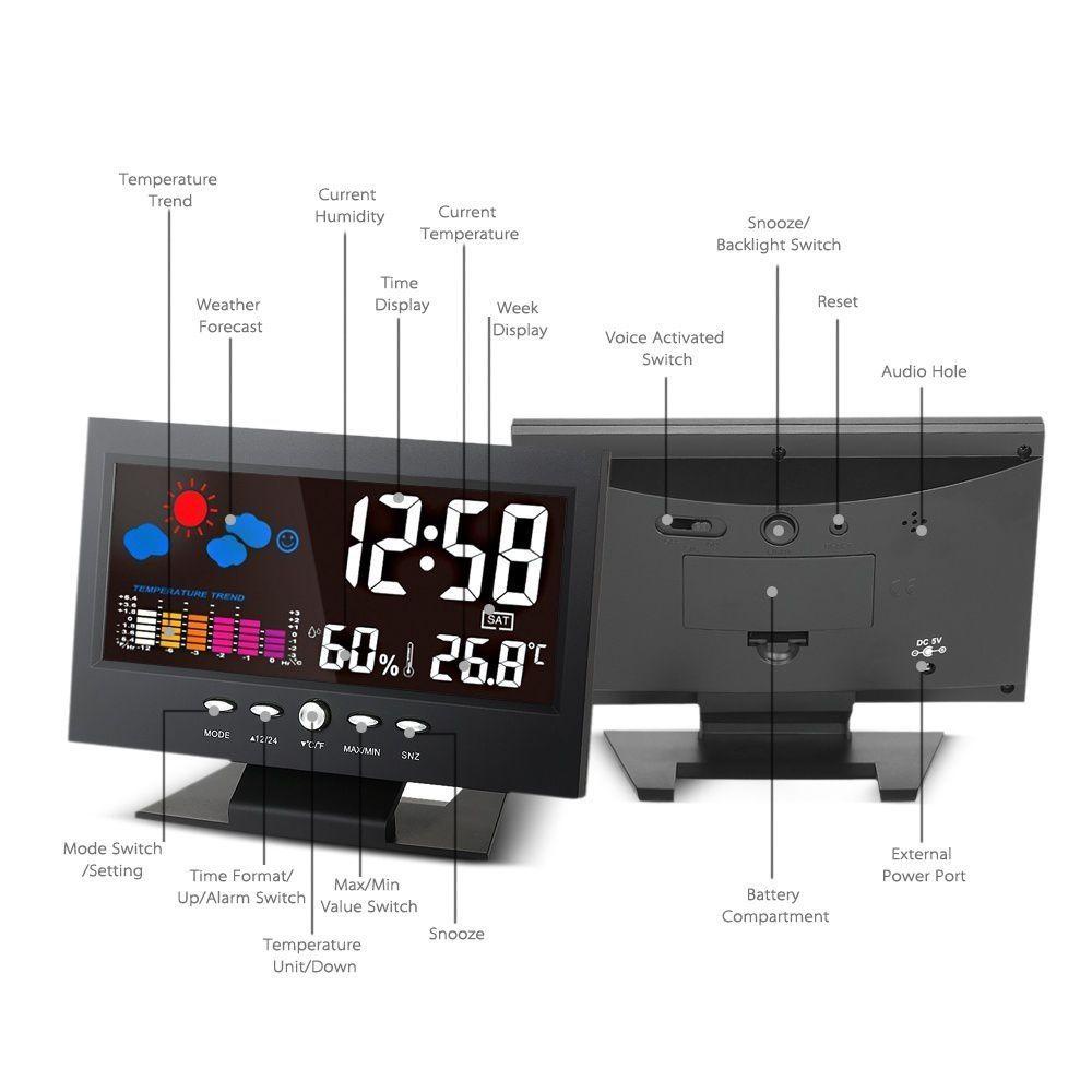 Suyo Jam Alarm Digital Dengan Lampu LED + Kalender + Cuaca Untuk Indoor / Outdoor