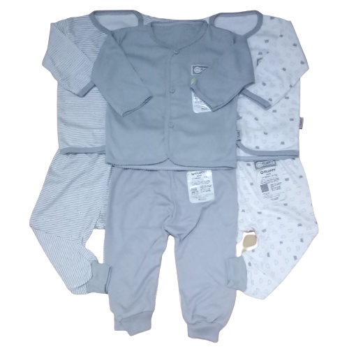 3 Setel Baju Panjang Fluffy M Celana Panjang Bayi 6-9 bulan Laki Perempuan Abu / Khaki Series