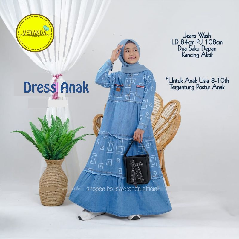 Ervina Gamis Jeans Anak Perempuan Tanggung Usia 8-10 Tahun Baju Maxy Dress Jins Rempel Susun Murah