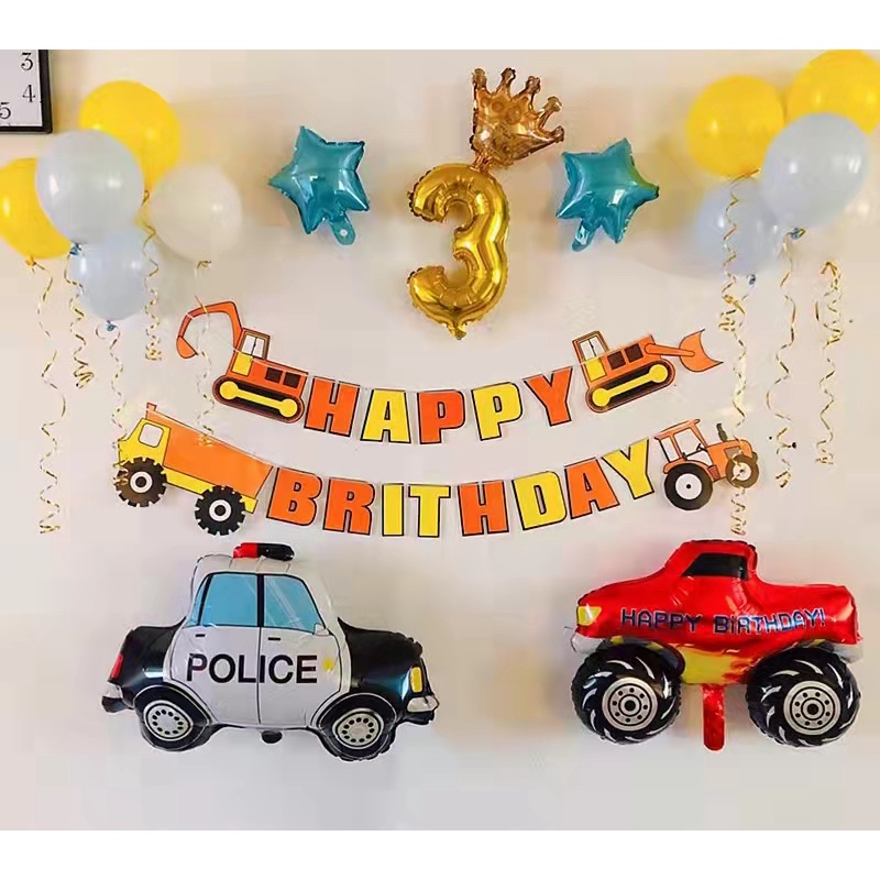 HAPPY TIME BANNER ULANG TAHUN TRUK TRUCK BULDOZER BANNER HAPPY BIRTHDAY BANNER DEKORASI MURAH