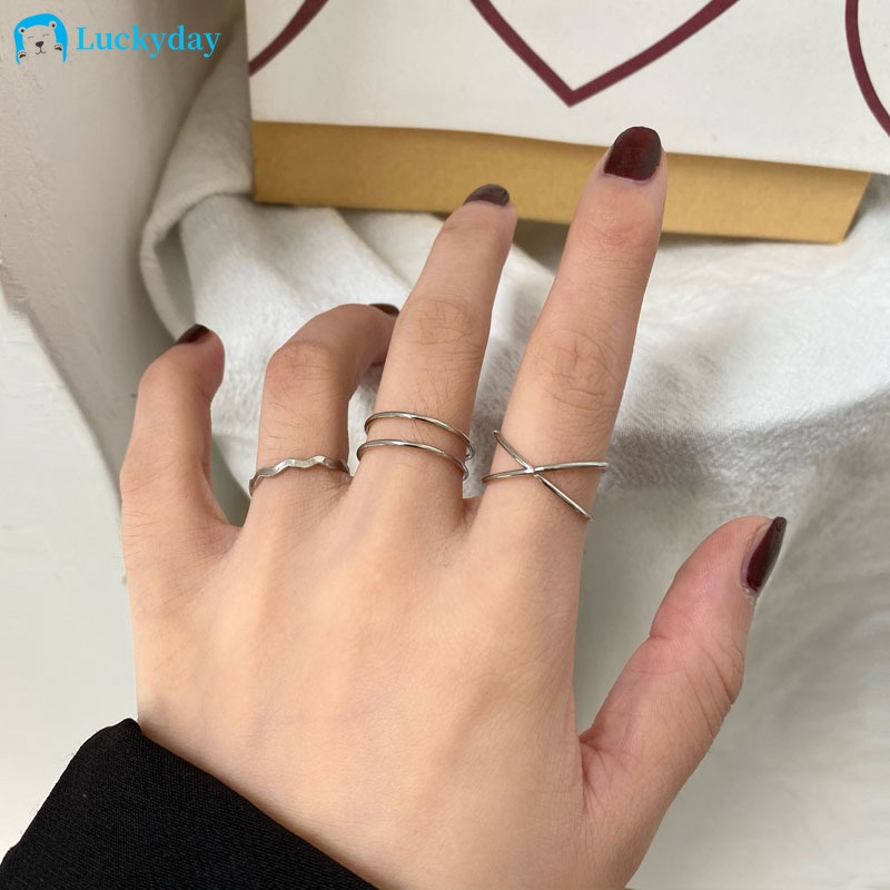 YEEZII 3pcs / Set Cincin Model Terbuka Desain Silang Ganda Tidak Teratur Adjustable Warna Silver Untuk Wanita