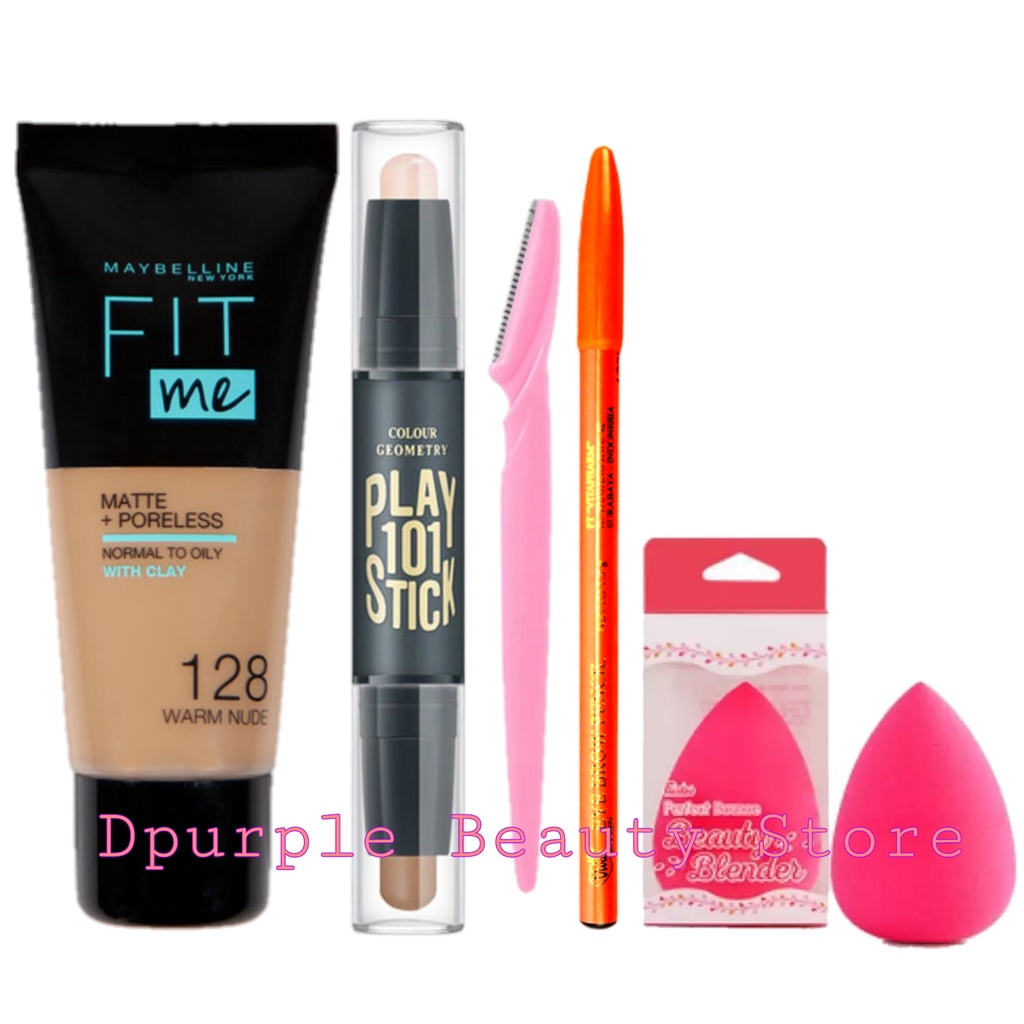 PROMO!!! Paket Make Up Maybelline Lengkap Hemat 9 in 1 - Bedak 2 in 1 Padat &amp; Basah - Fondation Tube - Contour - Maskara - Lipcream - Eyeliner - Pensil Alis - Pisau Cukur Alis - Beauty Blender / Spon Telur