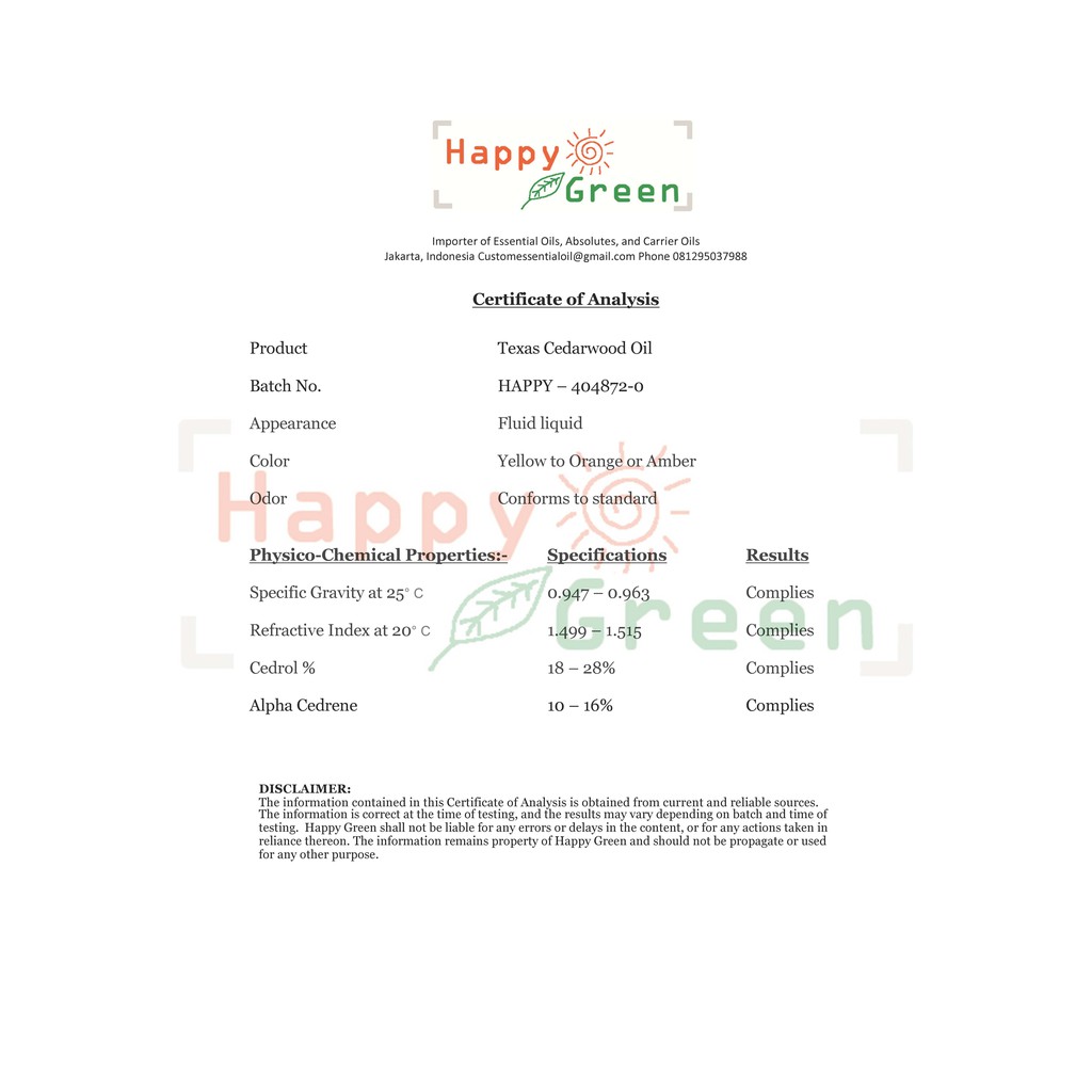 Happy Green Cedarwood Texas Essential Oil - Minyak Atsiri Kayu Cedar Murni