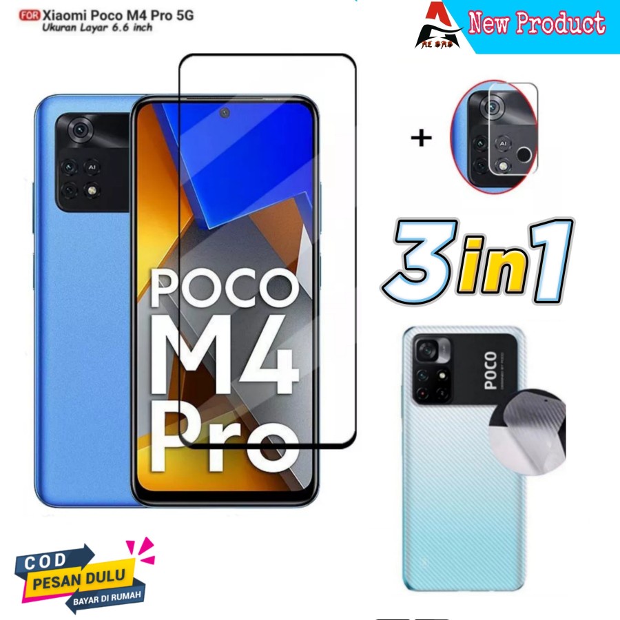 PROMO 3 in 1 Tempered Glass Xiaomi Poco M4 Pro 5G Full Cover Warna Anti Gores Kaca Full Layar List H