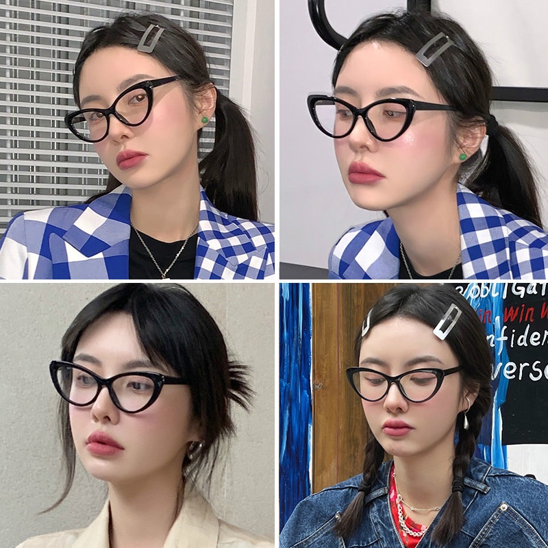 Papaozhu Kacamata Vintage Black Cat Eye Chic Blue Light Blocking Lens Eyeglasses Classic Eyewear Untuk Wanita Pria