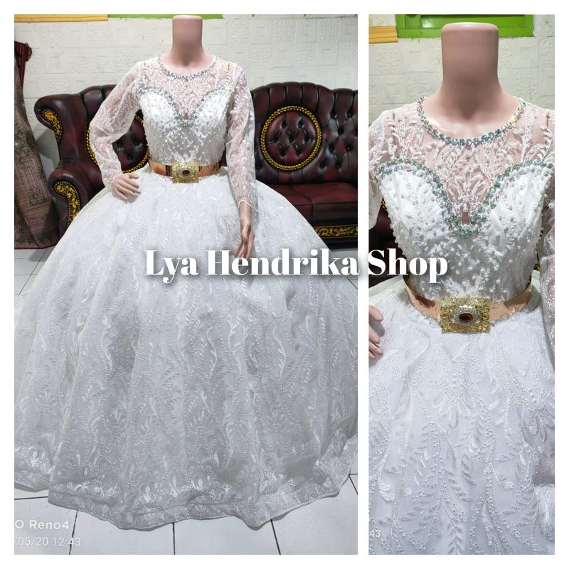 Gaun pengantin ekor mewah tule akar+tule kaku payet mutiara dan Swarovski