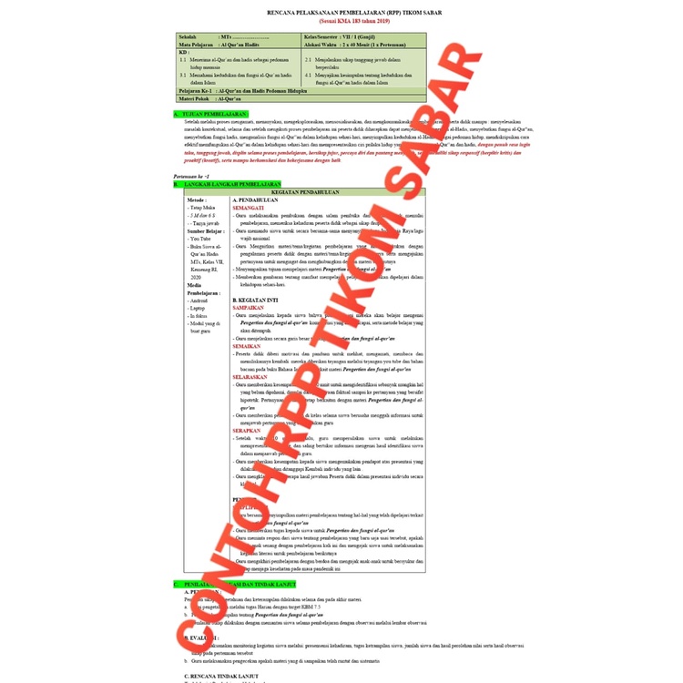 CD RPP 1 LEMBAR DARING, TATAP MUKA &amp;TIKOM SABAR,MTS, MAPEL AKIDAH AKHLAK,KELAS 7,8, 9, 2 SEMESTER, SESUAI KMA183TAHUN 2019