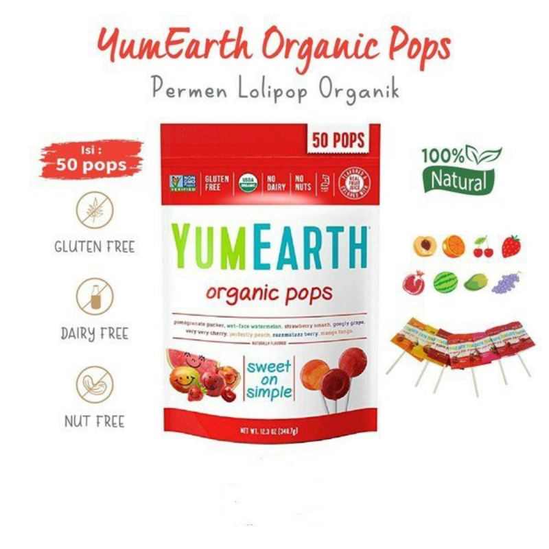 

YumEarth Organic Pops isi 50 / YumEarth Permen Organic Vitamin C / Permen Vitamin C / YumEarth Permen Vitamin C / YumEarth Organic Pops Fruit Snack Gummy Bear Gluten Free