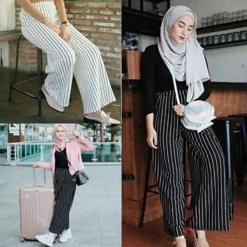 Celana Wanita Kulot Kancing Premium Hw Rayon Best Seller Celana Kulot Crep Motif Salur