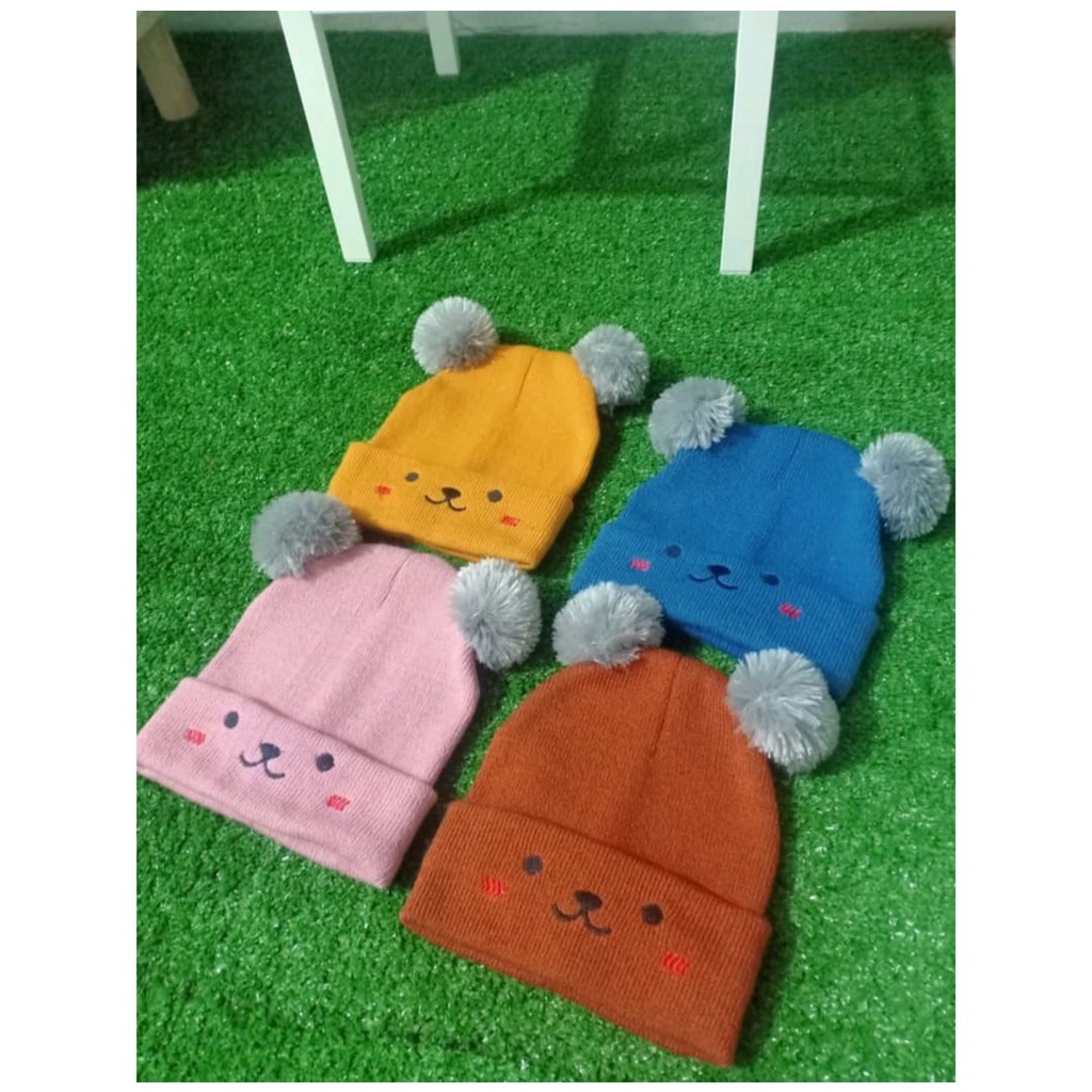 Kupluk bayi PUPPY rajut pompom topi anak rajut 0 sampai 3 tahun lucu