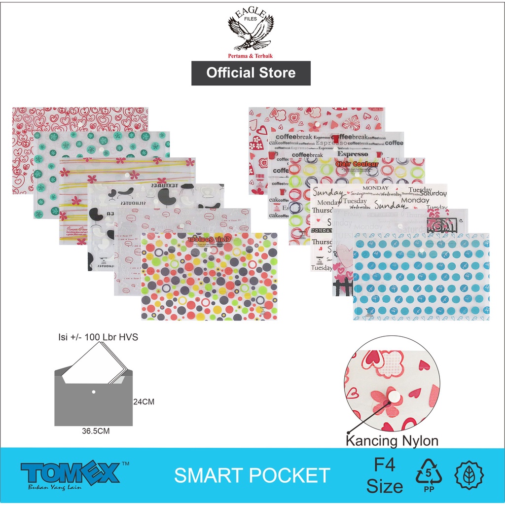 

TOMEX Map Plastik Kancing Motif Folio (F4) / Map Dokumen / Smart Pocket 6 PCS