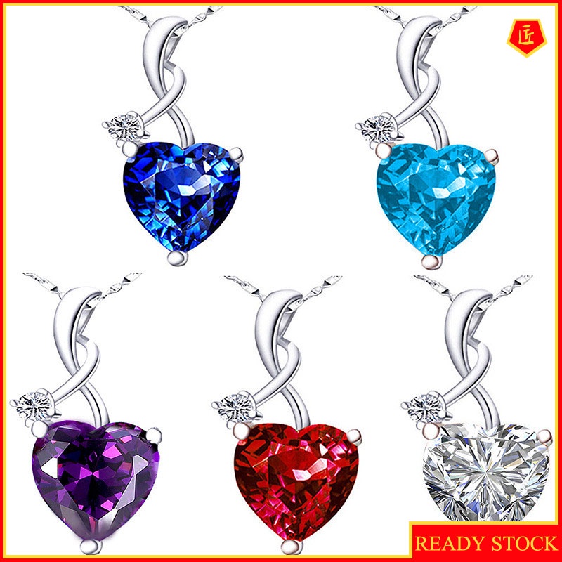 [Ready Stock]Fashion Inlaid Ruby Heart-Shaped Pendant Plated 925 Silver Sea Blue Gemstone Necklace