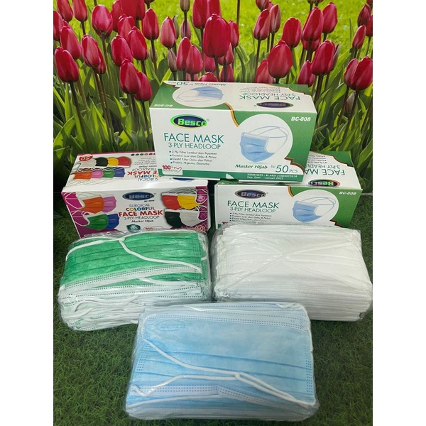 Masker Hijab 3 Ply Embos Besco Diposable Face Mask Headloop Premium Quality Isi 50 Pcs