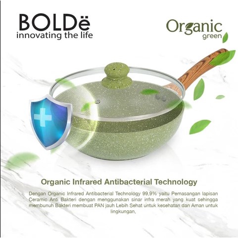 BOLDe - ORGANIC GREEN WOK PAN 24 cm + Glass Lid