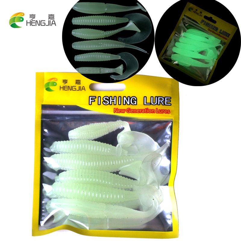 Hengjia 6pcs / Pak Umpan Pancing Softlure Bentuk Cacing Luminous Glow In the dark 6 Model