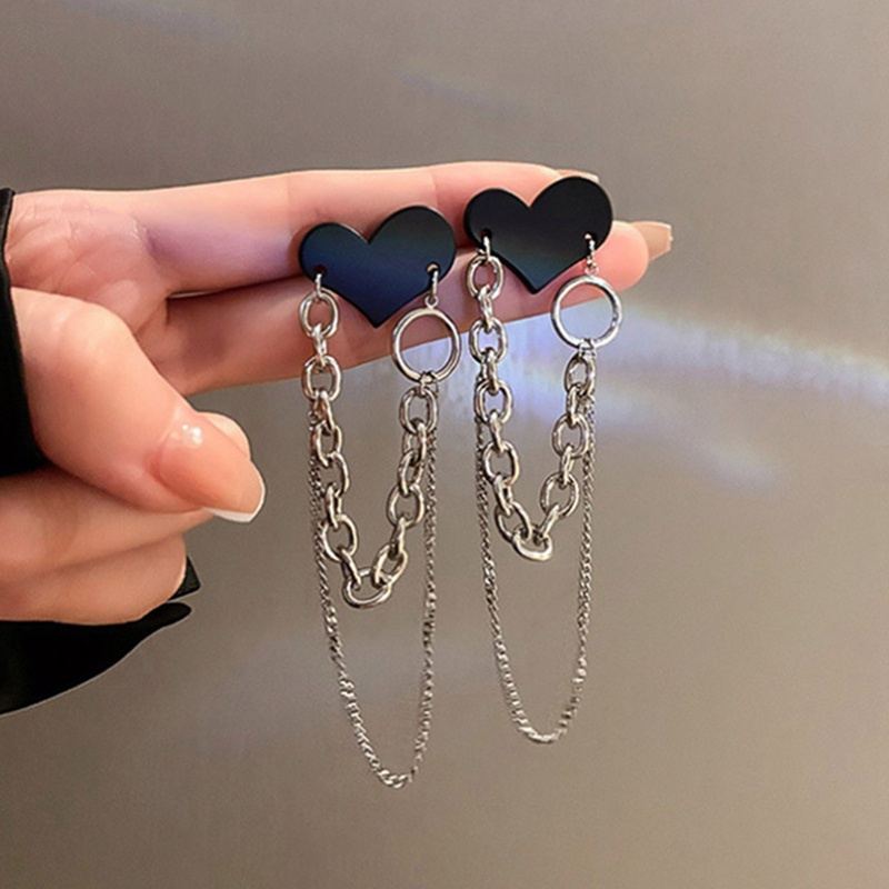 Anting Rantai Panjang Bentuk Hati Warna Hitam Gaya Vintage Untuk Perempuan