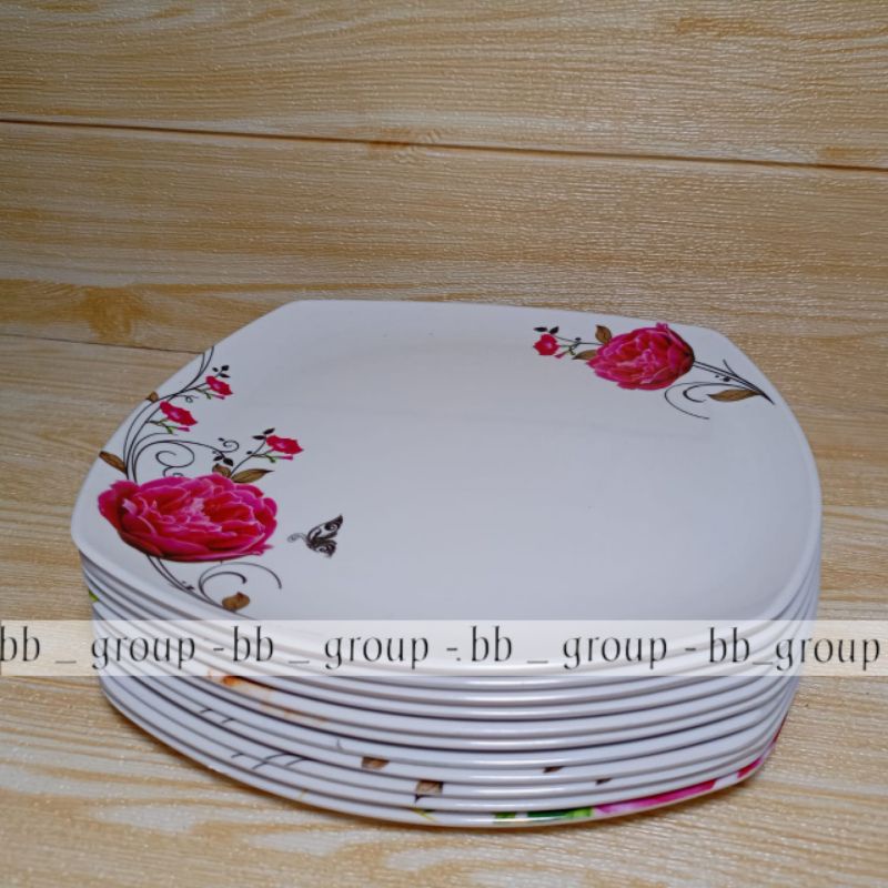 6 pcs piring prasmanan melamine asli segi 9inc melamine ware motif mawar